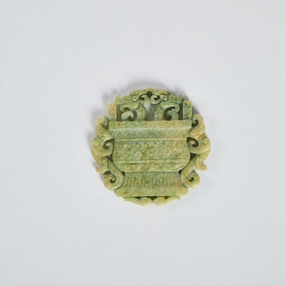 A chinese spinach-green jade ' bronzeware, double chilong' pendant