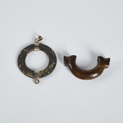 An old Chinese jade 'double chilong head' semi-circular pendant+old black jade ring-shaped pendant x2