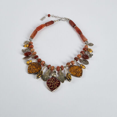 An old Asian agate and glass bead silver necklace