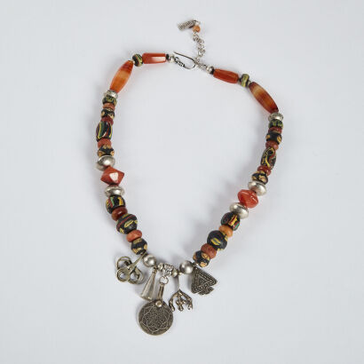 An old Asian agate and colored glass bead silver necklace