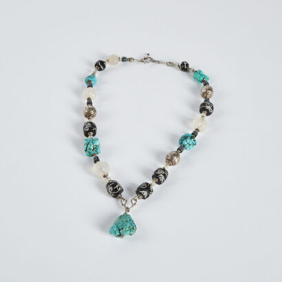 An old Asian glass bead and turquoise silver necklace