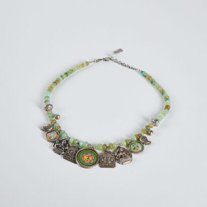 An old Asian green glass bead silver necklace