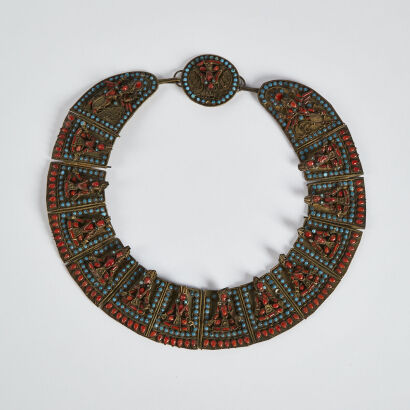 An old Asian red coral blue glass bead collar