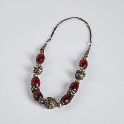 An old Asian red beeswax silver necklace