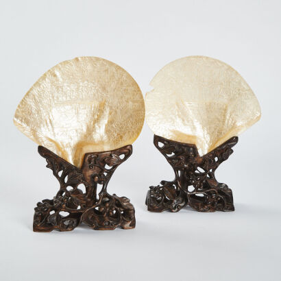 A Pair of Chinese Mid-Qing dynasty Shell carved ornaments with pavilions, figures, swords and horses