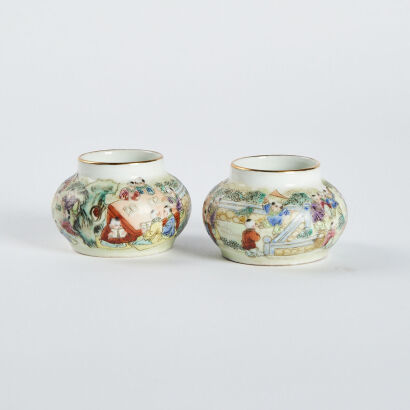 A pair of Chinese Famillie-rose small waterpots with baby play patterns (Qinglong Blue-color mark)