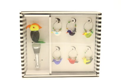 (1) Colourful Bird Wine Glass 6 Charms Drink Markers And Stopper