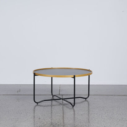 A Modern Circular Coffee Table With Formed Ply Top & Black Metal Base