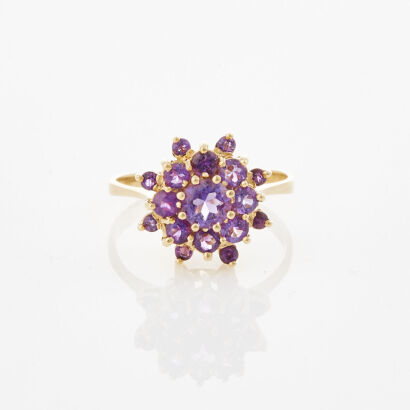 9ct Yellow Gold, Vintage, Amethyst Cluster Ring