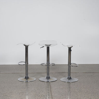 A Set Of Three Designer Barstools With Clear Acrylic Seat & Chrome Base