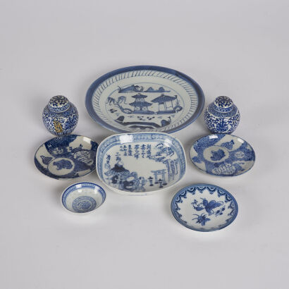 A Set Of Eight Blue And White Porcelain Plates And Ginger Jars