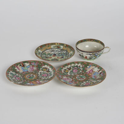 A Set Of Canton Famille Rose Chinese Cups And Saucers