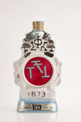 (1) Jim Beam Bourbon Whiskey Regal China Decanter Phi Sigma Kappa centennary 4/5 quart 86 proof 100 months