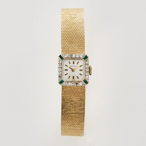 14ct Yellow Gold, Vintage, Movado Wristwatch with Emerald and Diamond Bezel