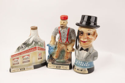 Three Beam American decanters (EMPTY) in one lot : Paul Bunyan, Charlie McCarthy & Harry Hoffman