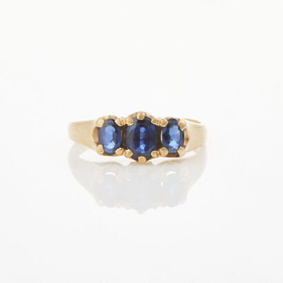 9ct Yellow Gold, Three Stone Oval Sapphire Ring