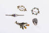 A collection of gold jewellery. Georgian memorium ring with pearls and hair locket window, date 1812. Four Edwardian brooches with turquoise, pearls and amethyst. Scottish thistle brooch. Mostly 9ct gold. Total weight 16.3 grams.&nbsp;