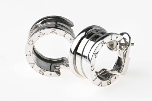 A pair of Bulgari white gold earclips. Stamped and marked 750. 9mm wide. Weight 15.1 grams. Width of curve 17mm.