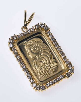 A gold and diamond ingot pendant, the 5 gram Suisse ingot set in a border mount of 42 diamonds of estimated weight 1.0 carat. Gold .9999. Total weight 11.6 grams. Length 30cm. 