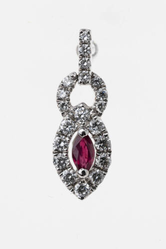 A pair of ruby and diamond stud earrings, the marquise shaped rubies within a figure of eight diamond drop setting. 18ct white gold. Weight 1.8 grams. Post and butterfly attachments.