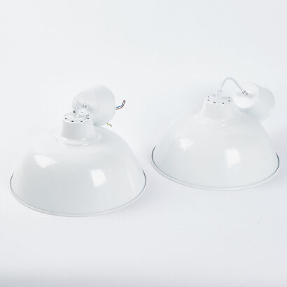 A Pair Of White Enamel Industrial Lampshades