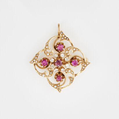 14ct Yellow Gold, Diamond, Ruby, and Seed Pearl Brooch / Pendant