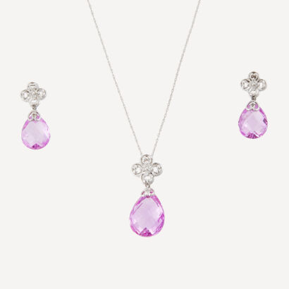 10ct White Gold, Synthetic Pink Sapphire/Diamond Pendant and Earring Set