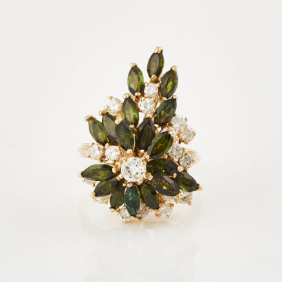 14ct Yellow Gold, 1.25ct Diamond and 3.60ct Tourmaline Cluster Ring