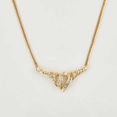 14ct Yellow Gold, Heart Shaped, Chevron Ribbon style .25ct Diamond Necklace