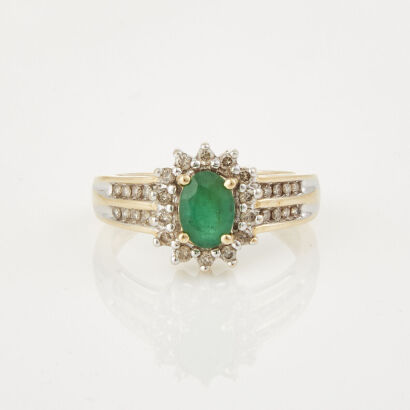 14ct Yellow Gold/White Gold, .65ct Emerald, .30ct Diamond Ring