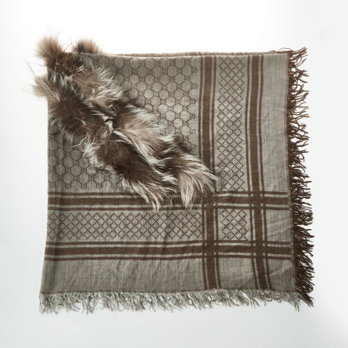 Gucci Monogram Shawl, 70% Wool, 30% Silk with Fox Fur