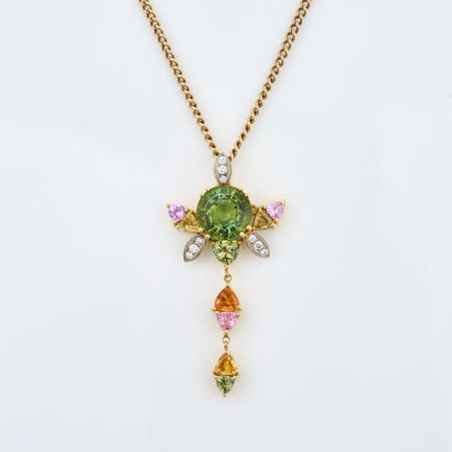 18ct Yellow Gold, 5.50ct Multi-colour Sapphire, Tourmaline and .13ct Diamond Necklace