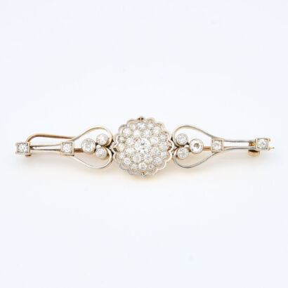 18ct Yellow/Platinum Topped, Estate, Handmade, 1.70ct Diamond Bar Brooch