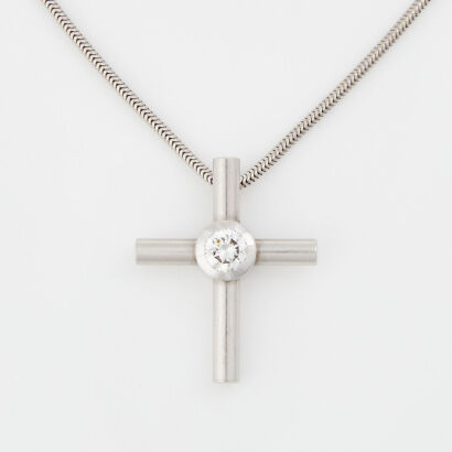 18ct White Gold, .45ct Diamond Cross Pendant On Snake Chain