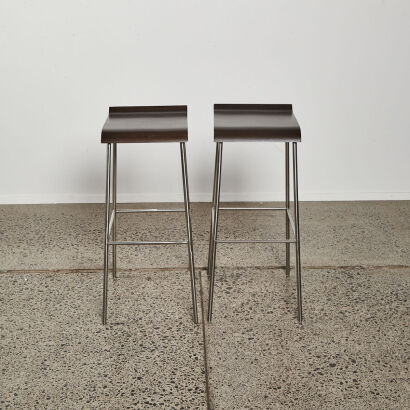A Pair Of Minimal Wood & Metal Barstools