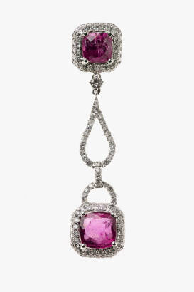 A pair of rubellite and diamond drop earrings, the cushion cut rubellites of total estimated total weight of 5.81 carats and surrounded by round brilliant cut pave diamonds of total estimated weight 1.96 carats. Each earring comprising two cushion shaped 