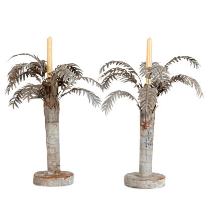 A Pair of Original French Palm Tole Candlesticks