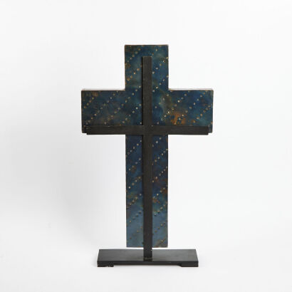A Large Iron Crucifix With Heavy Wrought Iron Stand