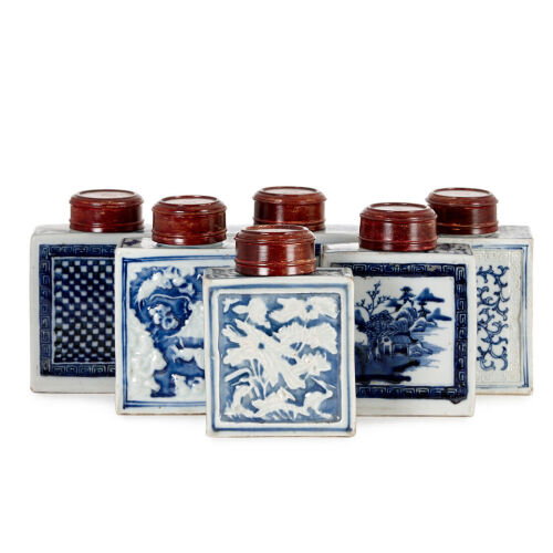 Six Blue and White Tea Caddies