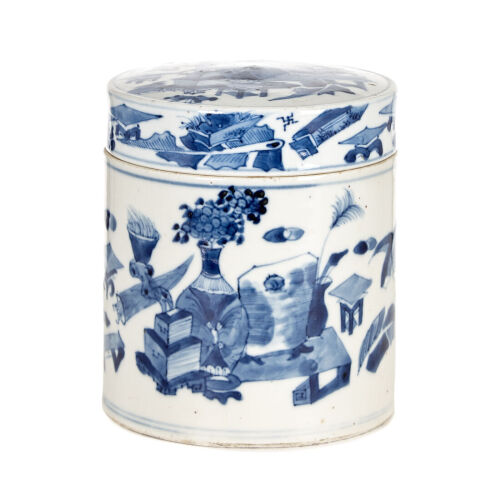 An Antique Cylindrical Blue and White Lidded Jar