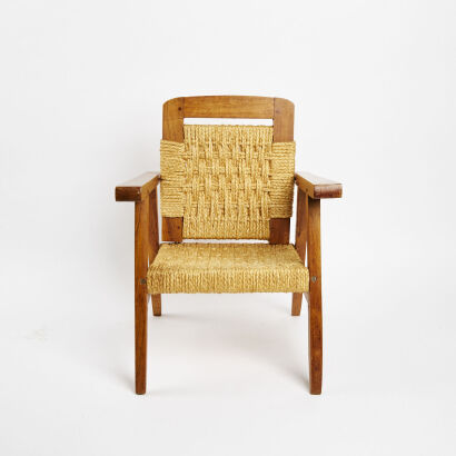 A Vintage Teak And Woven Rope Infants Chair