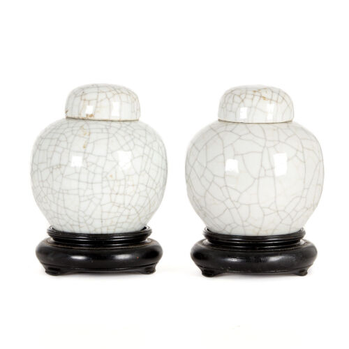 A Pair of White Crackle Glaze Ginger Jars on Stands