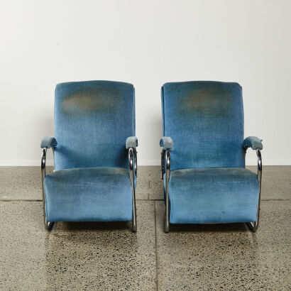 An Art Deco Tubular Chrome Armchairs Pair