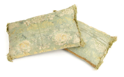 Two Fine Antique Ecclesiastical Silk Green Cushions