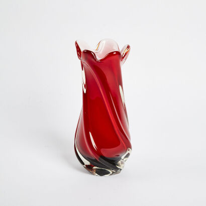 An Italian Mid-Century Hand Blown Artglass Vase In Red