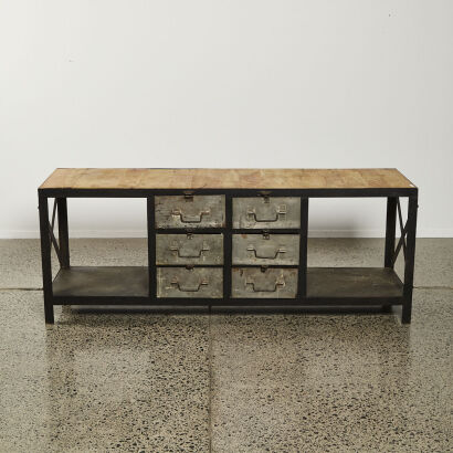 An Industrial Cabinet With Wood Top