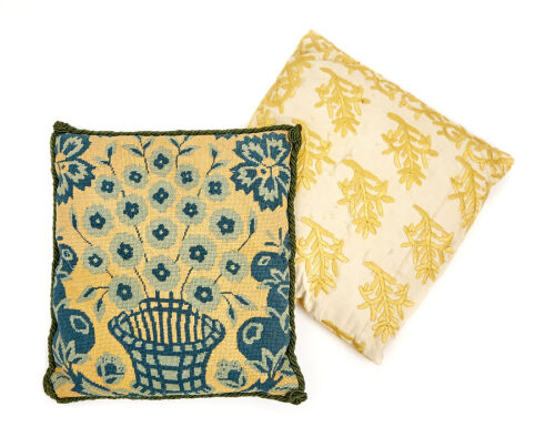 A 19th Century French Blue and Yellow Needlework Cushion and A Moroccan Yellow Embroidered Cushion