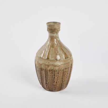 A Vintage Peacock Pottery Carved Salt Glazed Bottle Vase
