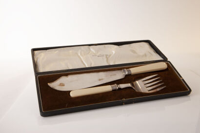 A Cased Bone-Handled Sterling Silver Serving Fork and Knife