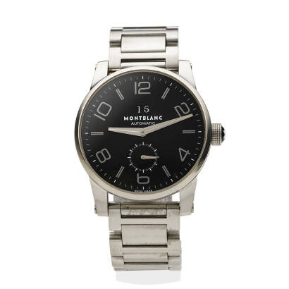 A Gentleman's stainless steel Timewalker wristwatch, Mont Blanc, circa 2009. Automatic. Ref: 35419. Black dial with Arabic and baton numerals and date aperture. Case, dial, movement, bracelet and deployant clasp signed. Original box, papers and extra link